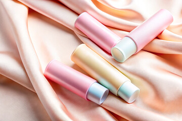 Close up of assorted lip balms on a silky pink fabric background