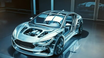 Futuristic car design shown in see-through style, advanced technology. Digital car concept represents innovation in automotive engineering, automation, data processing in car manufacturing. 4k video - Powered by Adobe