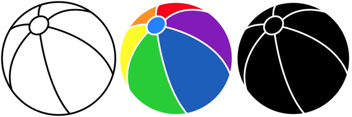 Set of beach balls, minimalistic black color, vibrantly colored with rainbow colors and black line drawing of spherical objects with isolated background. Summer fun, outdoor activities.