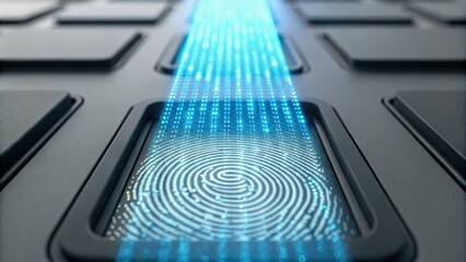 A futuristic fingerprint scanner with binary code streaming from it, symbolizing digital security and identity verification.
