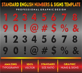 English Numbers and signs template with capital and small letters, standard vector letters, english letters for children's book and school, red black letters 