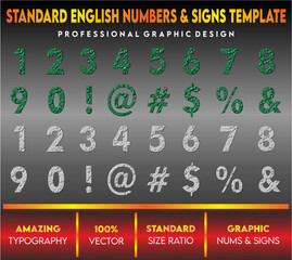 English Numbers and signs template with capital and small letters, standard vector letters, english letters for children's book and school, green white letters 