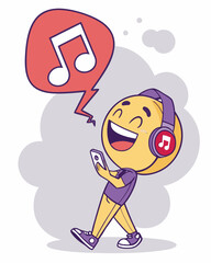 Happy Emoji Character Listening to Music on Headphones – Fun Cartoon Illustration