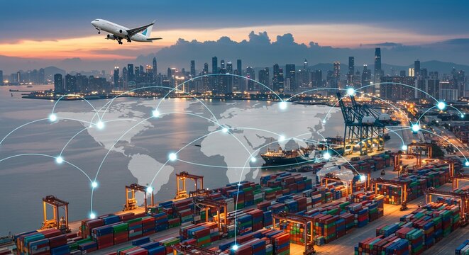 Global Logistics Network Airplane Cargo Containers and City Skyline at Sunset