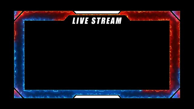Red and blue fire vs ice effect neon glowing streaming game frame border overlay loop. repetitive motion animation and flashing. Bright neon light effect isolated on black. 4K graphic animation video