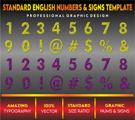 English Numbers and signs template with capital and small letters, standard vector letters, english letters for children's book and school, yellow purple letters 