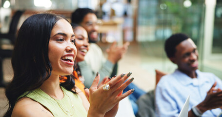 Applause, creativity and business people in office, woman and smile with celebration. Employees,...
