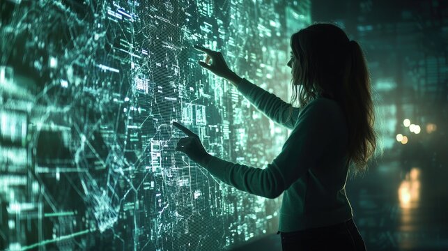 Woman interacts with a large interactive digital display.