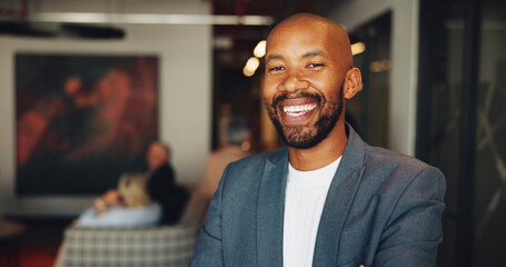 Business, portrait and smile of black man in lobby of convention center for conference or seminar....