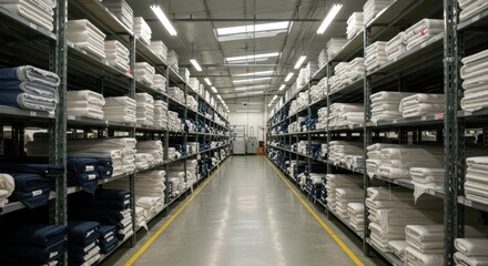 Neatly Organized Shelves with White Towels and Blankets in a Large Warehouse Storage Facility for Textiles and Linen Products