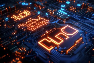 Obraz premium Futuristic glowing circuit board with 5G technology and high-speed data pathways in vibrant orange and blue lights