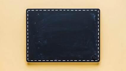 Blank square chalkboard with white stitching on pale yellow background