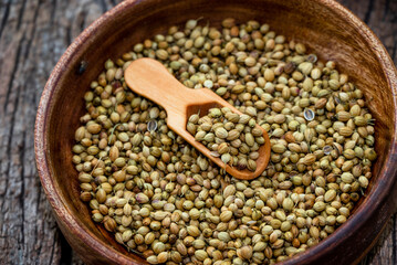 Spice coriander (Coriandrum sativum) seeds in wooden bowl and spoon on wooden background. Indian...