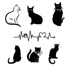 Black Cat Silhouettes Set – Hand Drawn Vector Halloween Cat Poses Collection
