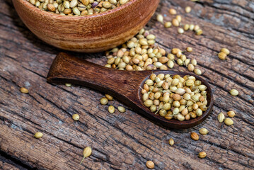 Spice coriander (Coriandrum sativum) seeds in wooden bowl and spoon on wooden background. Indian cuisine, ayurveda
