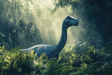 Majestic dinosaur stands in lush greenery, illuminated by soft,