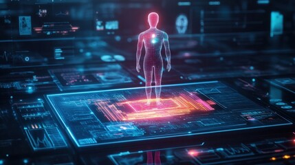 A glowing digital hologram of a person rotates above a tablet, surrounded by medical icons and biometric data, symbolizing AI-driven diagnostics and personalized treatment. 