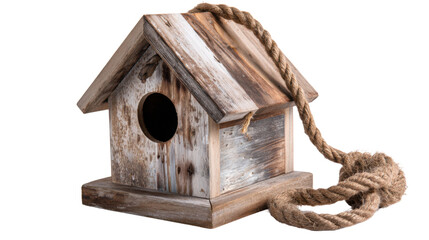 Cozy Retreat: A charming, rustic birdhouse, crafted from weathered wood and rope, offers a warm invitation for feathered friends. It's a cozy haven for nature's smallest inhabitants.