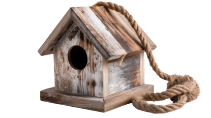 Cozy Retreat: A charming, rustic birdhouse, crafted from weathered wood and rope, offers a warm invitation for feathered friends. It's a cozy haven for nature's smallest inhabitants.