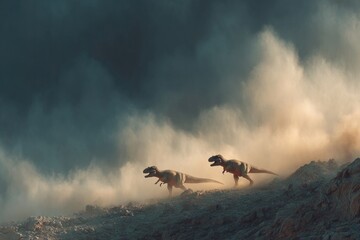 Majestic dinosaurs roam through misty landscape, creating an awe