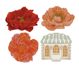 Peony rose house illustration watercolor isolated sticker set green leaves
