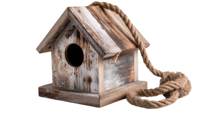 Cozy Retreat: A charming, rustic birdhouse, crafted from weathered wood and rope, offers a warm invitation for feathered friends. It's a cozy haven for nature's smallest inhabitants.