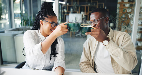Coffee, teamwork and cheers with business people in office for caffeine break, collaboration or success. Partnership, drinking tea and achievement with African employees in agency for toast on profit