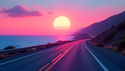 Retro muscle car graphic design, sunset background. 