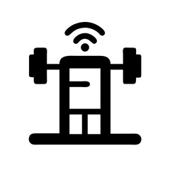 Smart gym equipment icon with barbell and smartphone.  Modern fitness technology symbol with wireless connection and weightlifting. Digital health and wellness app design.