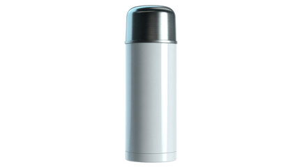 Sleek Thermos: A modern stainless steel thermos stands tall, embodying simple elegance and functional design. Capture the essence of practical and stylish solutions