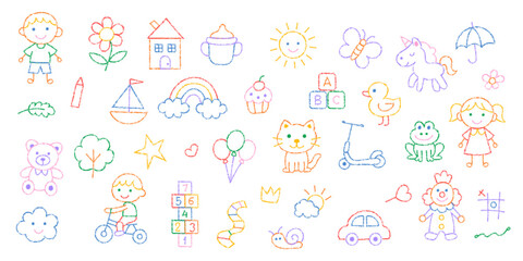 Cute kid crayon hand drawn icon. Preschool kindergarten doodle set. Sketch children vector school chalk background.
