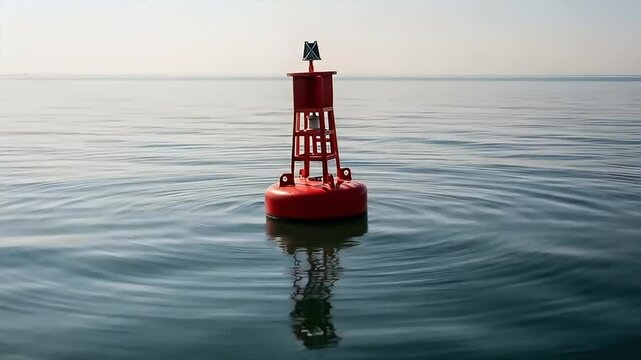 Red Navigation Buoy Floating Calmly on Reflective Water Surface Under Clear Sky, Nautical Safety Marker
