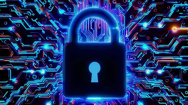 Futuristic video concept with a glowing lock symbolizing cybersecurity. Top-down angle highlights intricate blue circuit patterns. Live desktop wallpaper.