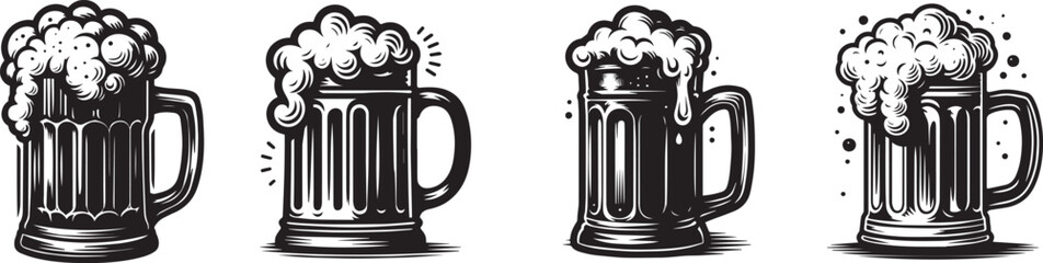 Black and White Vector Set of Beer Mugs with Foam Illustrations Perfect for Bar Logos Pub Signs Oktoberfest Decorations and Craft Brewery Graphic Designs