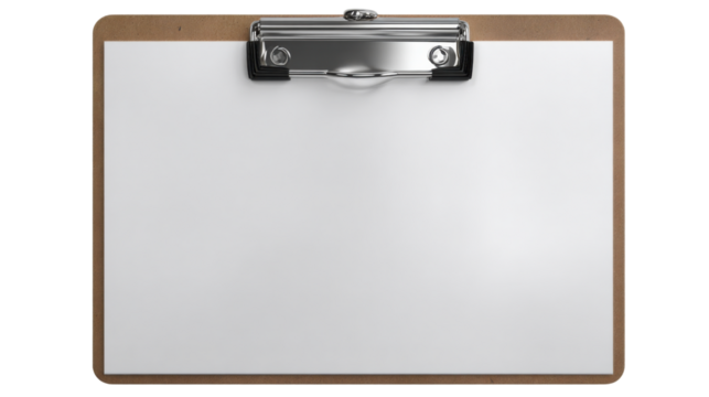 Clipboard with Blank Paper: A clean, professional image of a clipboard with a blank sheet of paper, perfect for showcasing your text or design.