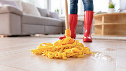 The mop is wet and being used to clean a spill on the floor in a brightly lit room