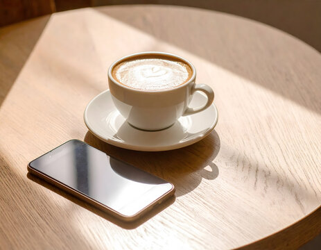 A photorealistic coffee shop scene featuring a cappuccino in a ceramic cup, a smartphone on a rustic wooden table, bathed in natural window light.