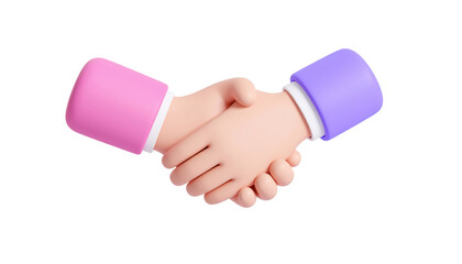 3D cartoon handshake, two hands with pink and purple sleeves, symbolizing agreement, partnership, cooperation, and teamwork, isolated on transparency background