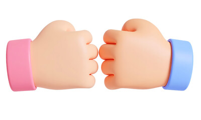 3D cartoon hands fist bump gesture, pink and blue wristbands, symbolizing friendship, teamwork, unity, and positive collaboration, isolated on transparent background