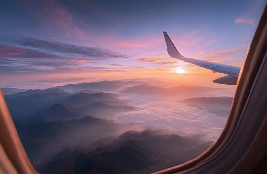 Airplane wing view from plane window over foggy mountains at sunset. Sky and sun above clouds. Scenic flight travel picture. Mountain top below clouds, airline business journey. - Powered by Adobe