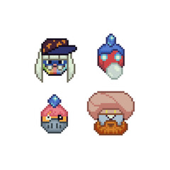 pixel art fantasy faces in 8-bit retro style, various humanoid and monster-like characters with expressive features and headgear, game assets, avatars, NFTs, or retro design projects.