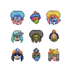 pixel art fantasy faces in 8-bit retro style, various humanoid and monster-like characters with expressive features and headgear, game assets, avatars, NFTs, or retro design projects.