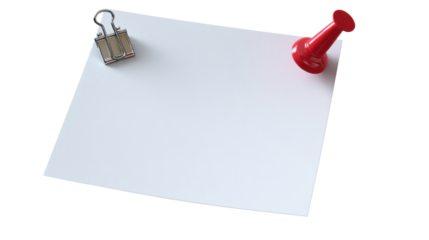 Blank Note: A pristine white note with a red thumbtack and metal paperclip, a symbol of ready for jotting notes or reminders. A classic office stationery