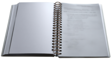 Open Notebook: A close-up shot of an open notebook with a metallic spiral binding showcases blank, pristine pages, ready to capture thoughts, ideas, and creativity.