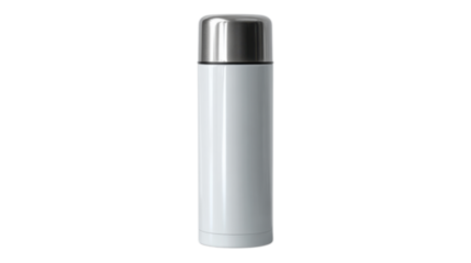 Thermos Bottle in Pristine Detail: A modern thermos bottle, meticulously captured against an understated backdrop, epitomizes a sleek design aesthetic. Showcasing simplicity and functionality.