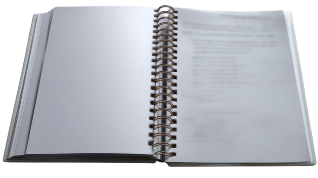 Open Notebook: A close-up shot of an open notebook with a metallic spiral binding showcases blank, pristine pages, ready to capture thoughts, ideas, and creativity.