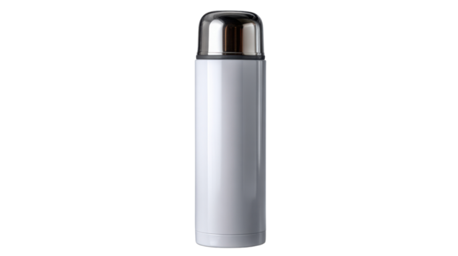 Thermos Flask of Modern Design: A close-up shot showcases a sleek, modern thermos flask, perfect for keeping beverages hot or cold. It's minimalist design.
