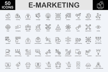 E-marketing outline icon set. Covers advertising, branding, awareness, campaign, strategy, optimization, analytics, conversion, engagement, promotion, and more. Simple vector illustration.