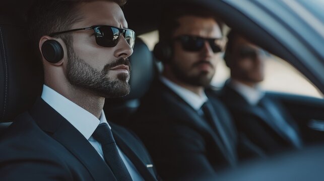 Group of male bodyguards providing close protection for a high-profile client in a sleek car, wearing dark suits and earpieces for security detail. 