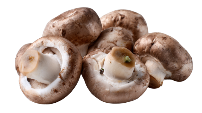 Fresh Mushrooms: A close-up shot of a cluster of fresh, raw brown mushrooms, showcasing their smooth caps and inviting textures.